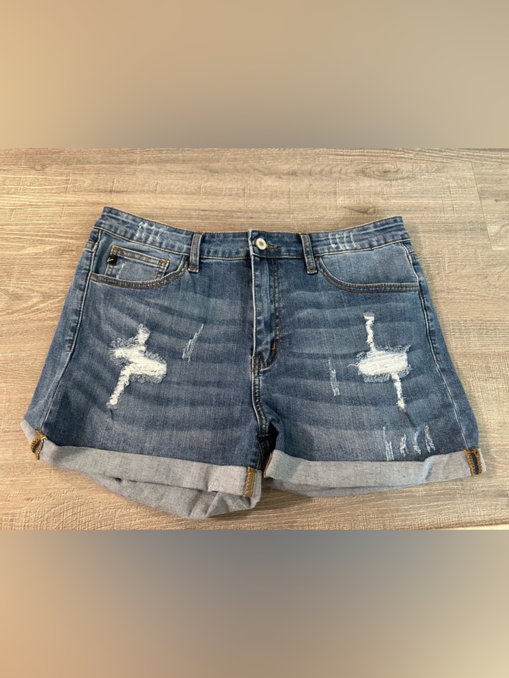 KanCan Medium Wash Distressed Rolled Hem Jean Shorts